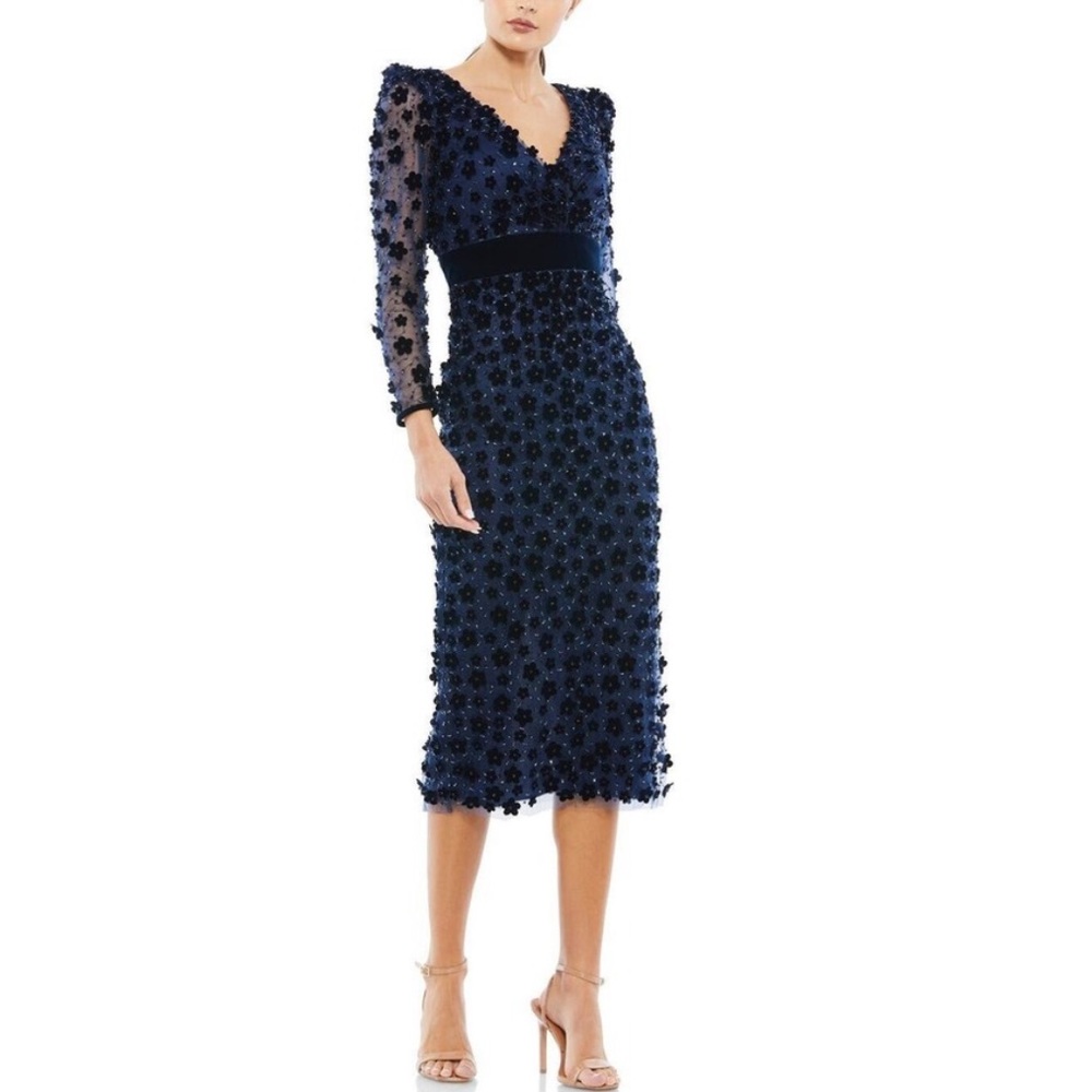 NWT MAC DUGGAL Embellished V Neck Illusion Long Sleeve Column Midi 4